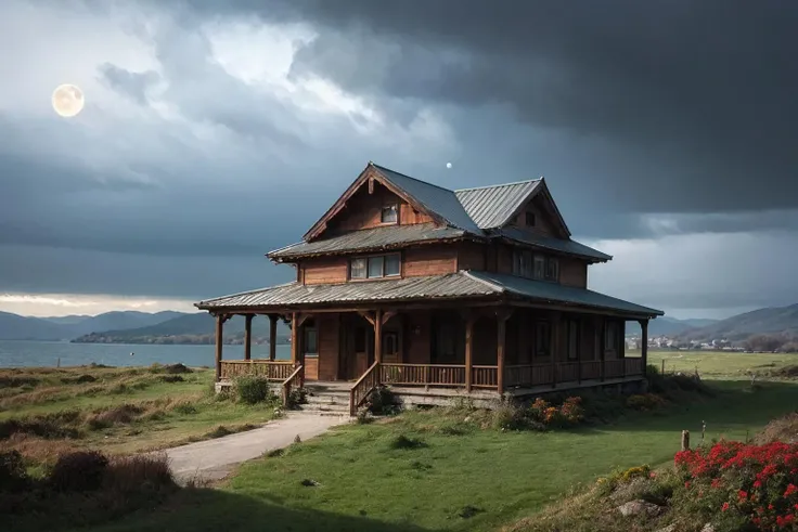 real world, (hyperrealism:1.1), (scales of extreme detail:1.3), best quality, dingdall effect,
photo RAW, (autumn, mountains and a storm lake with a moon in the sky, old wooden slab home, 4k highly detailed digital art, 4 k hd wallpaper very detailed, impressive fantasy landscape, sci-fi fantasy desktop wallpaper, 4k wallpaper, 4k detailed hdr photography, sci-fi fantasy wallpaper, epic dreamlike fantasy landscape, 4k hd matte, 8k, Realistic, realism, hd, 35mm photograph, 8k), masterpiece, award winning photography, natural light, perfect composition, high detail, hyper realistic, (composition centering, conceptual photography), realistic, detailed, balanced, by Trey Ratcliff, Klaus Herrmann, Serge Ramelli, Jimmy McIntyre, Elia Locardi, embedding:OverallDetail,