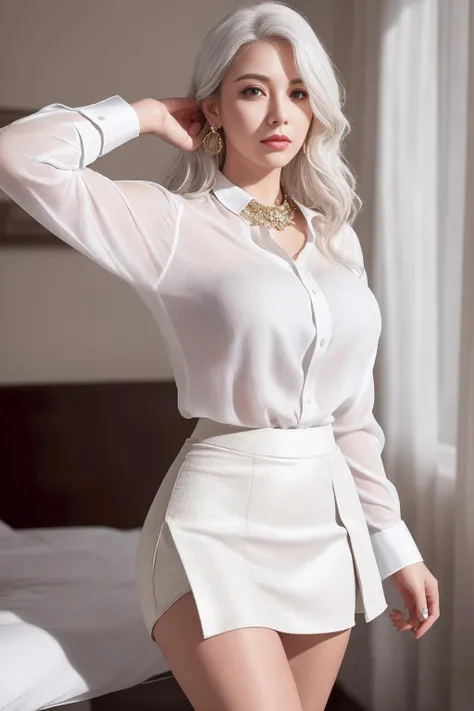 (best quality, 8k, 32k, masterpiece, UHD:1.2), (realistic, photorealistic:1.4), ultra highres, RAW photo, ultra detailed, intricate details, detailed texture, perfect body shape, (natural skin texture, hyperrealism, sharp focus), stunning, exquisite, gorgeous, lower body, dutch angle, nsfw, BREAK
solo, a young woman, cute, pretty, sexy, (wavy hair, white hair), professional lighting, realistic shadow, in luxurious bedroom, (fashion shirt, tight skirt:1.4), hair accessories, ornate jewelry & jewelry, necklace, earrings, bracelet, sexy pose,