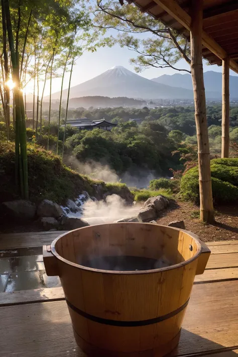 landscape, japan traditional, dawn, dim light, ((detail, realistic, masterpiece, best quality)), hot steam, wooden bucket, forest, bamboo, <lora:ARWJapanOnsen:1>,