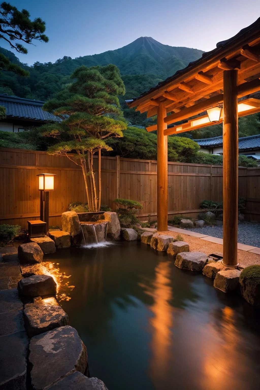 landscape, japan traditional, dawn, dim light, ((detail, realistic, masterpiece, best quality)), hot steam, wooden bucket, forest, bamboo, <lora:ARWJapanOnsen:1>,