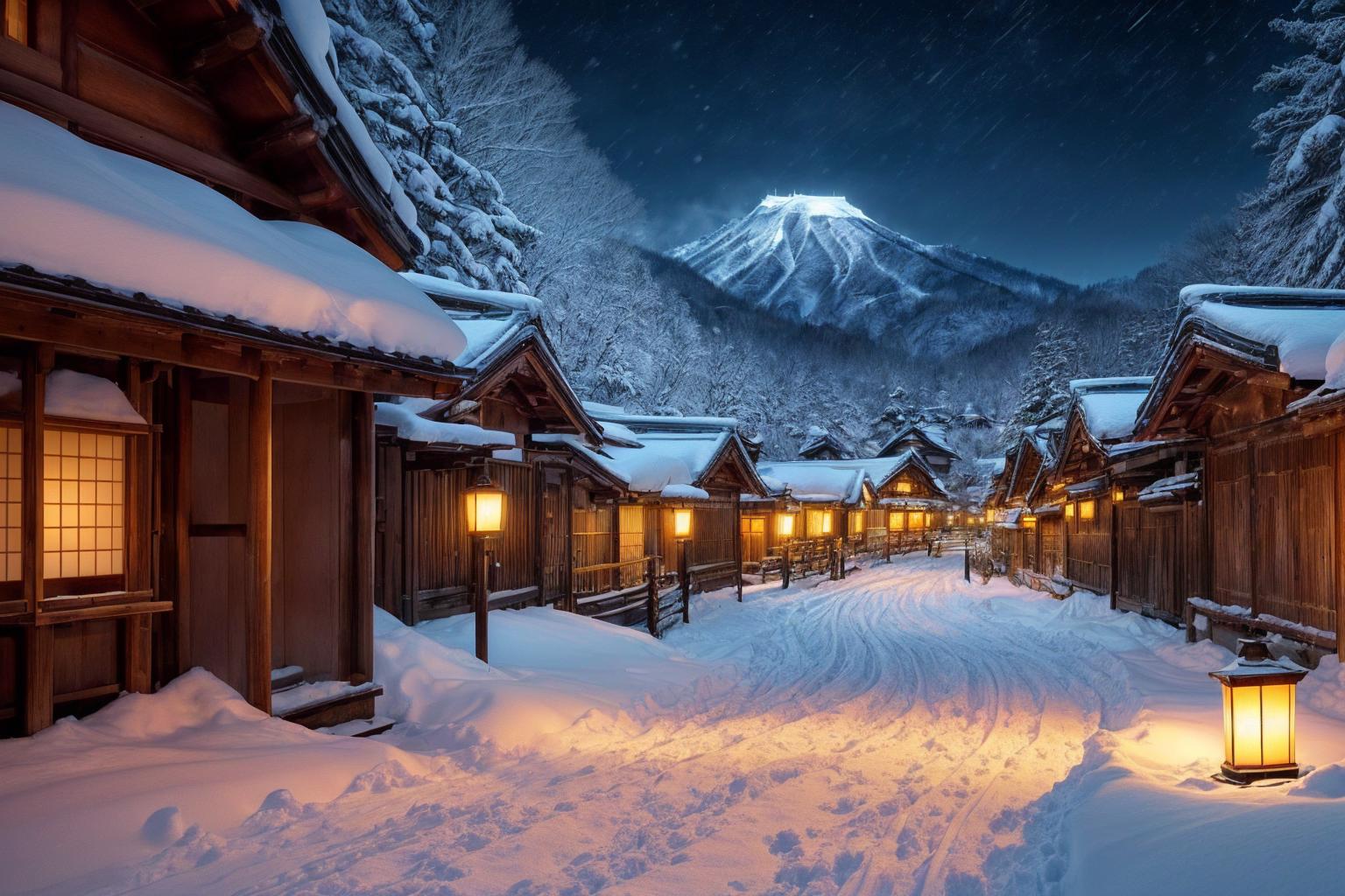 Snowy night scene of a village with a mountain in the background ...