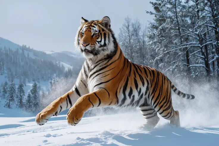 (ultra-quality, ultra-detailed, masterpiece:1.2), (natural skin texture, hyperrealism, 8K RAW photo, hdr:1.2), (realistic, photorealistic), (highly detailed, exquisite details and textures, delicate and beautiful), absurdres, dynamic lighting, cinematic lighting, ray tracing,
1tiger, Chinese Siberian tiger, detailed facial features, strong body, majestic and majestic, hunting in the snow, (((hunting))), full body, defective teeth in mouth, extremely ferocious, detailed background,