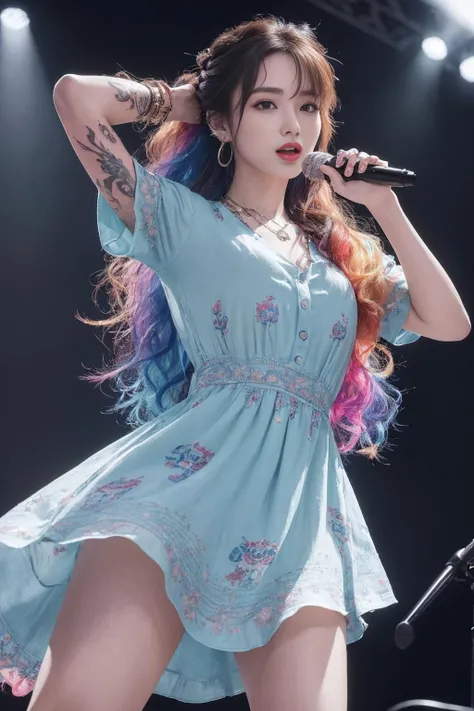 (ultra-quality, ultra-detailed, masterpiece:1.2), (natural skin texture, hyperrealism, 8K RAW photo, hdr:1.2), (realistic, photorealistic), (highly detailed, exquisite details and textures, delicate and beautiful), absurdres, dynamic lighting, cinematic lighting, ray tracing,
1girl, 20yo Korean, slender face, (sexy detailed and beautiful face:1.3), supermodel body, (long wavy hair, half updo hair), bangs, beautiful eyes, (((colorful shirt, fashion short dress, colorful tattoos pattern))), (holding microphone, singing with dancing:1.4), makeup, red lips, hair accessories, ornate jewelry & jewelry, necklace, earrings, bracelet, looking at viewer, stage, (upper knees shot:1.2), (from below:1.1),