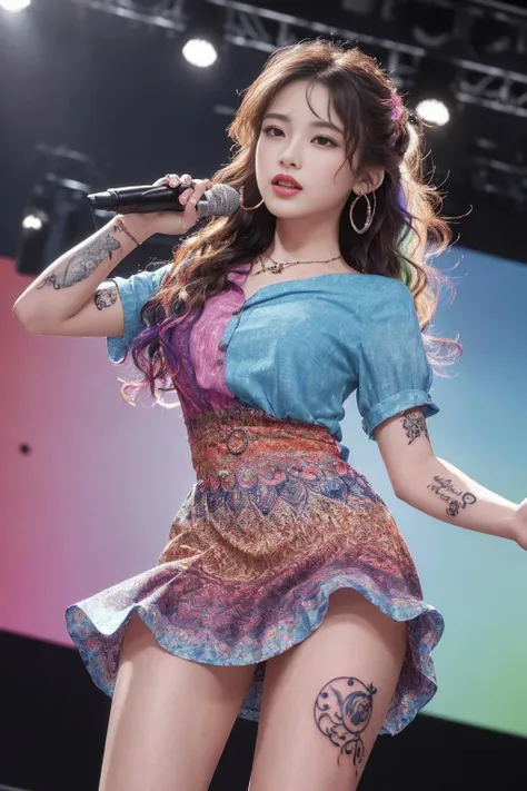 (ultra-quality, ultra-detailed, masterpiece:1.2), (natural skin texture, hyperrealism, 8K RAW photo, hdr:1.2), (realistic, photorealistic), (highly detailed, exquisite details and textures, delicate and beautiful), absurdres, dynamic lighting, cinematic lighting, ray tracing,
1girl, 20yo Korean, slender face, (sexy detailed and beautiful face:1.3), supermodel body, (long wavy hair, half updo hair), bangs, beautiful eyes, (((colorful shirt, fashion short dress, colorful tattoos pattern))), (holding microphone, singing with dancing:1.4), makeup, red lips, hair accessories, ornate jewelry & jewelry, necklace, earrings, bracelet, looking at viewer, stage, (upper knees shot:1.2), (from below:1.1),