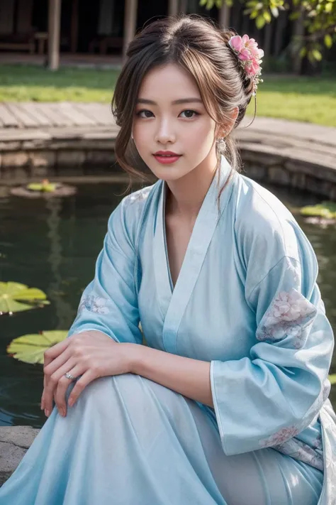 (best quality, 8k, 32k, masterpiece, UHD:1.2), (realistic, photorealistic:1.4), ultra highres, RAW photo, high definition, ultra detailed, intricate details, detailed texture, perfect body shape, (natural skin texture, hyperrealism, sharp focus), stunning, exquisite, gorgeous, high quality texture, finely detailed,
1girl, 18yo Chinese, slender face, (extremely sexy detailed and beautiful face:1.4), perfect female body, black hair, half updo, (light blue hanfu:1.4), sitting, (temperament, elegance, elegant smiling:1.2), flowers, spring, fan, pond, lotus, lotus leaf, pavilion, makeup, red lips, hair accessories, ornate jewelry & jewelry, necklace, earrings, bracelet, detailed background, (upper knees shot:1.2), <lora:GoodHands-beta2:1>, <lora:add_detail:1>,