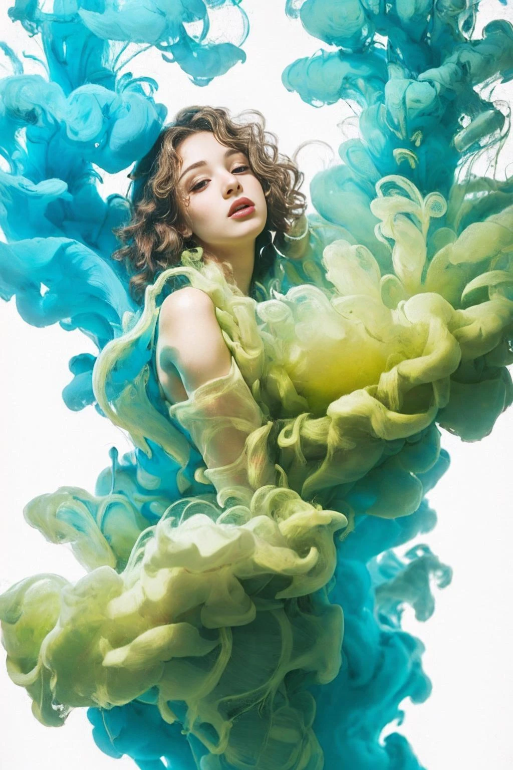 (masterpiece, top quality, best quality, official art, beautiful and aesthetic:1.2), photorealistic, ultra highres, UHD, NSFW,
(1girl:1.2), stars in the eyes, smoke surrounds the girl, white clothes, (full_shot:1.2), (light green theme:1.2), curly hair, long hair, flowers, (enchanted forest background:1.2), smoke, <lora:smoke_20231011231151-000007:0.8>,