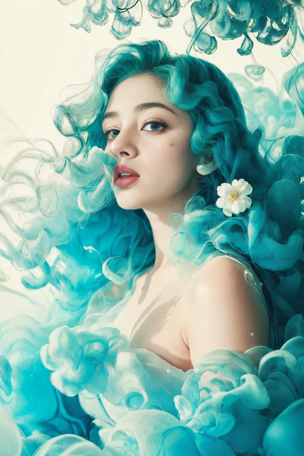 (masterpiece, top quality, best quality, official art, beautiful and aesthetic:1.2), photorealistic, ultra highres, UHD, NSFW,
(1girl:1.2), stars in the eyes, smoke surrounds the girl, white clothes, (full_shot:1.2), (light green theme:1.2), curly hair, long hair, flowers, (enchanted forest background:1.2), smoke, <lora:smoke_20231011231151-000007:0.8>,