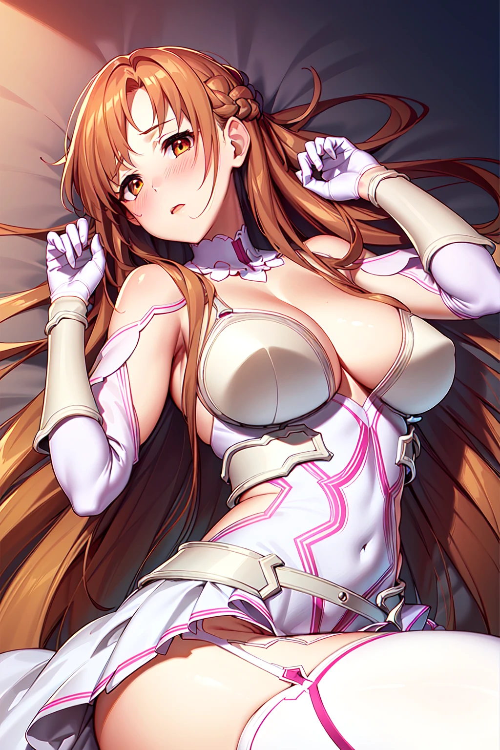 ((masterpiece)), best quality, ultra detailed,(1girl), long hair,beatiful background ,((a dress with white stockings on garters)), breasts, curvy body,lying, looks to the side, worried face,shows the ass, <lora:stacia-v1.1:0.6>