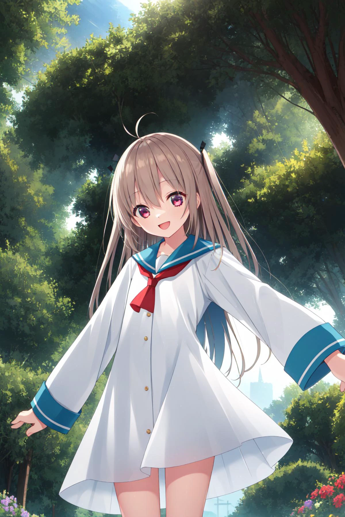 best quality, amazing intricate, 1girl, , solo, round eyes, flat chest,
happy, outstretched arm, in a secret garden,
cowboy shot,
<lora:ATRItest:0.65> atri, white sailor dress, long dress, long sleeves