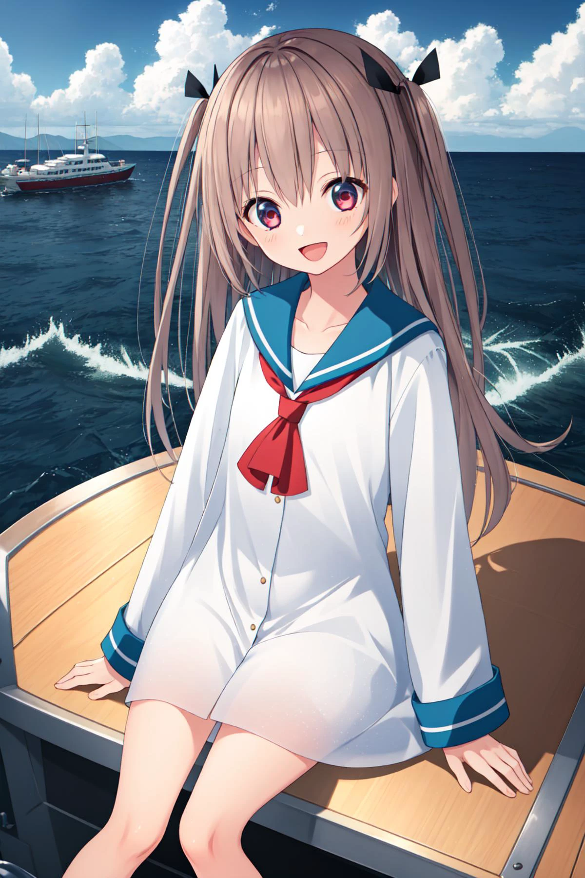 best quality, amazing intricate, 1girl, , solo, round eyes, flat chest,
:d, sitting parallel to the camera, hand on knee, on a yacht,
cowboy shot,
<lora:ATRItest:0.65> atri, white sailor dress, long dress, long sleeves