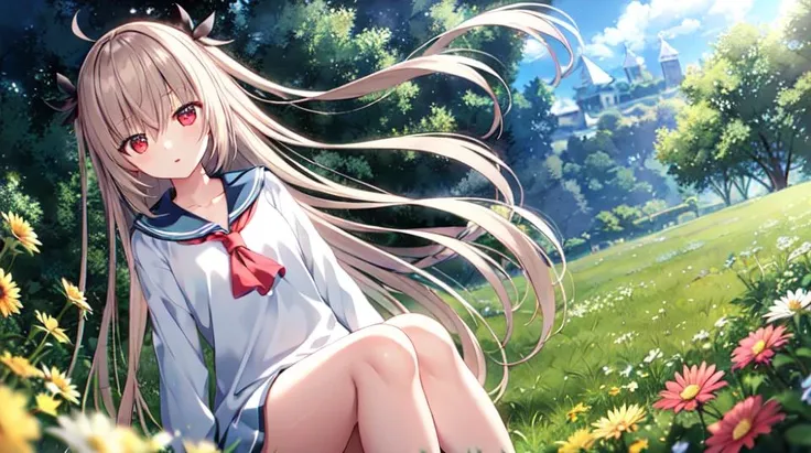 atri, 1girl, red eyes,solo,ahoge,white skirt,in a meadow,ocean,yokozuwari<lora:ATRItest:0.5>
