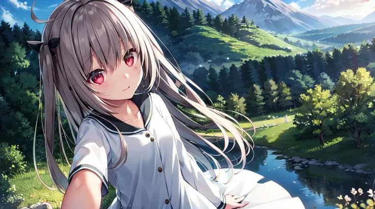 atri, 1girl, red eyes,solo,ahoge,white skirt,beautiful detailed water,The distant mountain,wariza<lora:ATRItest:0.5>