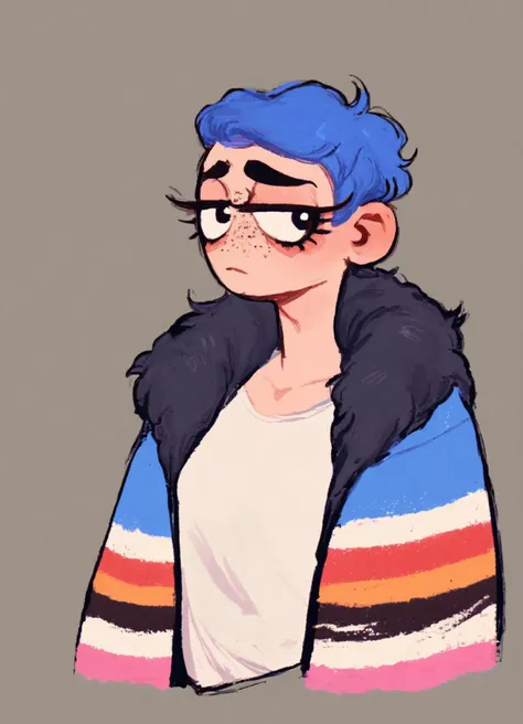score_9, score_8_up, score_7_up, score_6_up, score_5_up, score_4_up, BREAK <lora:FIPIndustries_Style:1> mandy, noseless, freckles, after kiss, long eyelashes, looking at viewer, full body, transgender flag, lgbt pride, rating_safe, source_cartoon