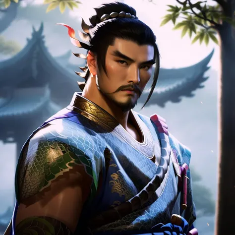 <lora:Hanz0X-000010:1.5>, Hanz0x, daylight, realistic photography, in shaolin (dojo), dense forest and mountains, dressed in traditional intricate dragon themed Japanese attire, perfect face, warm light