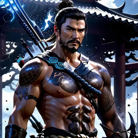 male, mid shot, made with Sony A7R IV, realistic photography, goatee beard, action hero, ancient samurai warrior, (a giant ray of dark mysterious ink goo drops upward into the sky, black nanobots), spooky energy, <lora:Hanz0X:0.8> shirtless archer, visible scars, dark scene, high quality, 8k, (skin imperfections),