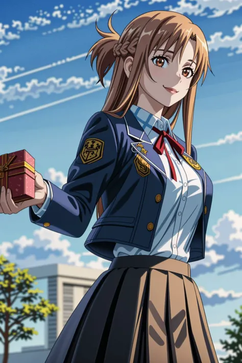 <lora:lcm_lora_sd15:1>,
(masterpiece,best quality,8k,beautiful and aesthetic:1.2),
solid-best-physical-appearance-perfect::2,
cosplay,Smile,(HUGE BREASTS:1.3),(floating hair:1.2),PERFECTEYES EYES,narrow_waist,slender,skinny,(dynamic_angle),sexy posture,
<lora:(RRy^W)}PWfeYH.N}rZh<.eft_s1_asuna-04:0.7>,
Eft_sao_asuna,asuna (sao),brown eyes,brown hair,braid,long hair,(very long hair),half updo,
(jacket),school uniform,neck ribbon,red ribbon,collared shirt,buttons,pleated skirt,(black skirt),
looking_at_viewer,holding,gift box,(holding gift),((incoming gift)),upper body,
outdoors,
<lora:[R]Xn}0{LORA.add_detail:0.2>,
<lora:[OMQ*S][vw<w[.locon_perfecteyes_v1_from_v1_64_32:0.6>,