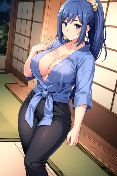 ((masterpiece)),((best quality)),ultra-detailed,illustratio,Explicit,nsfw,Beautiful body,Beautiful Nose,Beautiful character design,perfect eyes,perfect face,wallpaper,ultra highres,
4K,photography,(Beautiful, large breasts),(beautiful face:1.2),(beautiful legs, perfect legs),full body,shiny skin,anime screencap,(Perfect finger,Pretty fingers:1.5),(narrow waist),Ouzora Nanae,blue hair,1girl,blue eyes,smile,long hair,cleavage,jewelry,looking at viewer,solo focus,blush,tied shirt,(japanese clothes,bath yukata:1.5),pelvic curtain,collarbone,fundoshi,ponytail,loincloth,groin,shirt,midriff,front-tie top,<lora:Ouzora Nanae:0.7>,((hand in pants:1.7)),