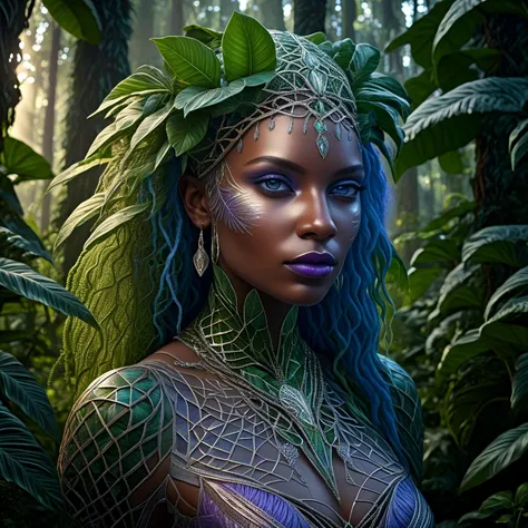 an African mermaid with green eyes peeping in an African forest 