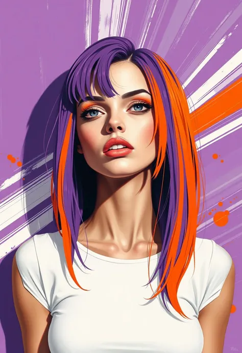 Semirealistic futuristic looking woman with purple and orange hair in the style of tom whalen, flat colors, purple orange and white broad strips paint in the background, outrun paint splotches