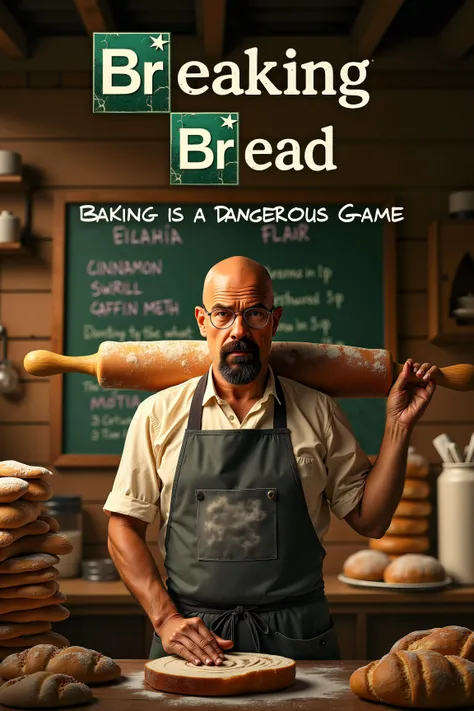 A TV show poster for a parody series titled "Breaking Bread," playing on the name of the famous show Breaking Bad. The poster features a stern-looking baker in a flour-dusted apron, with a rolling pin slung over his shoulder like a weapon. He stands in the middle of a rustic bakery, surrounded by stacks of bread loaves, pastries, and bags of flour, all arranged to mimic the iconic desert backdrop from the original show.
Behind him, the bakery's chalkboard menu lists items like "Cinnamon Swirl Cartel" and "Blueberry Muffin Meth," hinting at the culinary chaos that’s about to unfold. The baker’s expression is intense, yet comically serious, as if he's about to take on the world with nothing but his dough and determination.
The title "Breaking Bread" is displayed in bold, stylized text at the top, with the "Breaking" in a gritty, cracked font, while "Bread" is written in warm, golden letters resembling freshly baked loaves. The tagline beneath reads, "Baking is a Dangerous Game," adding to the pun-filled humor.
The overall color scheme of the poster is a mix of warm, bakery hues with the gritty, dark tones reminiscent of the original show, blending the intense drama of Breaking Bad with the lighthearted, culinary twist of "Breaking Bread."