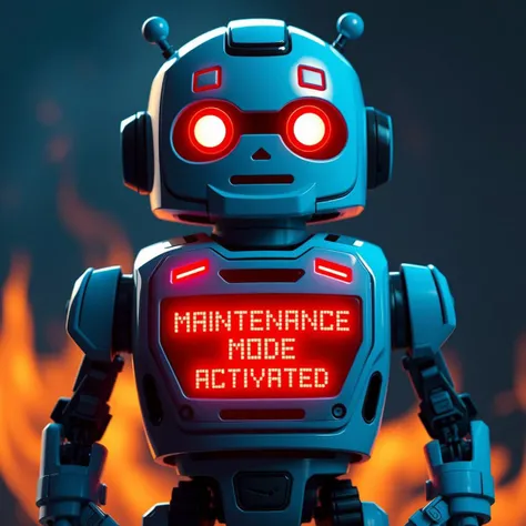 cinematic, A cute blue robot with red LED eyes and a red LED chestplate that says "MAINTENANCE MODE ACTIVATED" in a pixel font, with flames behind,