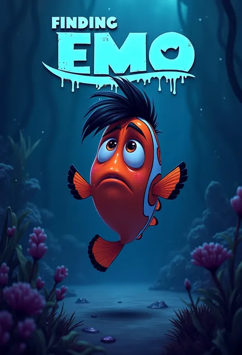 a digital illustration of a poster titled "Finding Emo", finding nemo parody poster, featuring a depressed cartoon clownfish with black emo hair, eyeliner, and piercings, bored expression, swimming in a dark underwater scene, in the background, moviee in a dripping, grungy font, moody blue and purple color palette