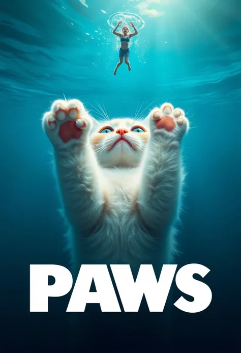 "Hyper-realistic parody movie poster in the style of the classic film JAWS, but with a adorable twist. Deep beneath the surface of the ocean, a massive kitten is depicted reaching up towards a tiny swimmer with its enormous paws, as if about to give them a playful swat. The kitten's fur is a fluffy white, and its eyes are a bright, sparkling blue. The swimmer is oblivious to the kitten's presence, floating serenely on the surface far above. The ocean is a deep blue, with sunlight filtering down from above and casting a warm glow on the kitten's fur. In the foreground, the title "PAWS" is emblazoned in bold, playful letters, with each letter made up of a cat's paw print. The background is a vast, endless expanse of ocean, with no land in sight. Style: extremely detailed, hyper-realistic, and humorously adorable, with a focus on capturing the playful, lighthearted atmosphere of a parody poster."