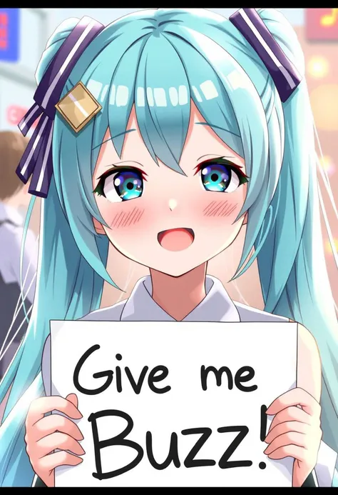 score_4,score_5,score_6,score_7_up,score_8_up,score_9 ((masterpiece,best quality,ultra detailed,highres,HD,4k:1.2)),
1 girl,solo,face focus,
hatsune miku,absurdly long hair,aqua hair,twintails,hair ornament,sidelocks,hair between eyes,parted bangs,aqua eyes,
(("Give me Buzz.",Beggars Borad,Holding a sign, holding a sign that says, "Give me Buzz."))
open mouth, happy,blush, looking at viewer, smile,