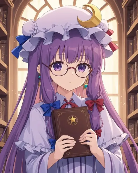 patchouli knowledge,1girl, crescent_hat_ornament, solo, mob_cap, bookshelf, red_ribbon, looking_at_viewer, blue_ribbon, red_bow, wide_sleeves, blue_bow, hair_bow, long_sleeves, vertical-striped_dress, earrings, upper_body, bespectacled, library, capelet, globe, hat_ribbon, expressionless, :|, neck_ribbon, holding_book
<lora:patchouli_knowledge_image4909_2023-12-20-000009:1>,star-shaped_pupils,symbol-shaped_pupils,. gorgeous,key visual, vibrant, studio anime,award-winning, professional, highly detailed,high budget, cinemascope