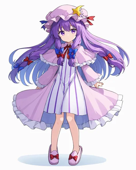 patchouli knowledge,1girl, solo, red_bow, long_sleeves, vertical-striped_dress, hair_bow, slippers, full_body, capelet, mob_cap, red_ribbon, white_background, purple_dress, hat_removed, blue_bow, blue_ribbon, hair_ribbon
<lora:patchouli_knowledge_image4909_2023-12-20-000009:1>,star-shaped_pupils,symbol-shaped_pupils,. gorgeous,key visual, vibrant, studio anime,award-winning, professional, highly detailed,high budget, cinemascope