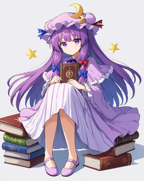 patchouli knowledge,1girl, solo, mob_cap, crescent_hat_ornament, book_stack, white_background, simple_background, hair_bow, purple_headwear, blue_bow, sitting, holding_book, red_bow, looking_at_viewer, full_body, long_sleeves, blue_ribbon, hat_ribbon, purple_capelet, purple_dress, open_book, wide_sleeves, red_ribbon, mary_janes, vertical-striped_dress, frilled_sleeves, closed_mouth, pink_dress
<lora:patchouli_knowledge_image4909_2023-12-20-000009:1>,star-shaped_pupils,symbol-shaped_pupils,. gorgeous,key visual, vibrant, studio anime,award-winning, professional, highly detailed,high budget, cinemascope