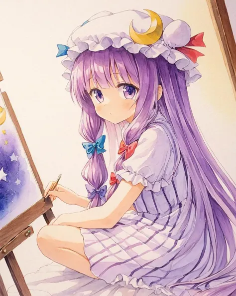 patchouli knowledge,1girl, solo, painting_\(medium\), hat, watercolor_\(medium\), traditional_media, crescent, dated, sitting, hair_ribbon, dress, eyelashes, bow, striped
<lora:patchouli_knowledge_image4909_2023-12-20-000009:1>,star-shaped_pupils,symbol-shaped_pupils,. gorgeous,key visual, vibrant, studio anime,award-winning, professional, highly detailed,high budget, cinemascope