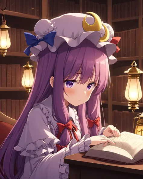 patchouli knowledge,1girl, solo, crescent_hat_ornament, mob_cap, dress, red_bow, bookshelf, lantern, book_stack, long_sleeves, open_book, wide_sleeves, hair_bow, red_ribbon, sitting, hat_ribbon, closed_mouth, holding_book, blush, library, blue_ribbon, frilled_sleeves, crescent_pin, expressionless, reading, lamp, neck_ribbon
<lora:patchouli_knowledge_image4909_2023-12-20-000009:1>,star-shaped_pupils,symbol-shaped_pupils,. gorgeous,key visual, vibrant, studio anime,award-winning, professional, highly detailed,high budget, cinemascope