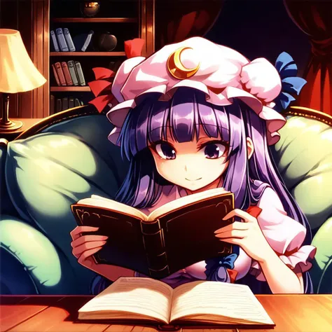 Expressive, score_9, score_8_up, score_9_up, masterpiece, absurdres, best resolution, high quality, highly detailed, indoors, detailed background, very close, solo, perfect face, face focus, 1girl, patchouli knowledge from touhou project, living room, chimney, reading a book, hot cocoa, sitting on the couch,