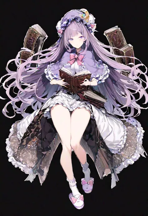 masterpiece, best quality, ultra-detailed, beautiful, nai3, 1girl, solo, full_body, tachi-e,
((patchouli_knowledge)):2, solo, 1girl, book, ((too_many_books)):16, too_many_lace, lace, purle_eyes, long_hair, ribbon, dress, hair_bow, blunt_bangs, very_long_hair, mob_cap, purple_hair, book, hat_ribbon, capelet, holding_book, socks, crescent, hat_bow, white_socks, open_book, crescent_hat_ornament, hat_ornament, pink_bow, slippers, purple_headwear, pink_bowtie, double_bun, hair_bun, bun_cover,