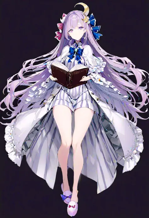 masterpiece, best quality, ultra-detailed, beautiful, nai3, 1girl, solo, full_body, tachi-e, 
patchouli_knowledge_(koumajou_densetsu), solo, 1girl, long_hair, bow, long_sleeves, ribbon, dress, frills, hair_bow, jewelry, very_long_hair, purple_eyes, wide_sleeves, purple_hair, book, capelet, striped, hair_ribbon, blue_bow, crescent, hood, open_book, crescent_hat_ornament, expressionless, frilled_sleeves, brooch, slippers, striped_dress, coat, light_purple_hair, crescent_hair_ornament,