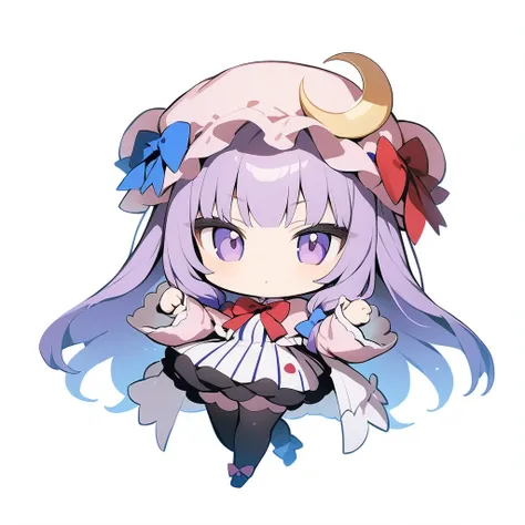 1girl,patchouli knowledge,(chibi:1.1),rating: general,full body,standing,simple background,white background,best quality,masterpiece,<lora:noline-16oa:1>,(ai-generated:0.2),<lora:patchouli_knowledge_image4909_2023-12-20:1>,crescent_hat_ornament,mob_cap,long_sleeves,red_ribbon,vertical-striped_dress,blue_bow,double_bun,red_bow,hat_ribbon,capelet,blue_ribbon,pink_headwear,hair_bow,