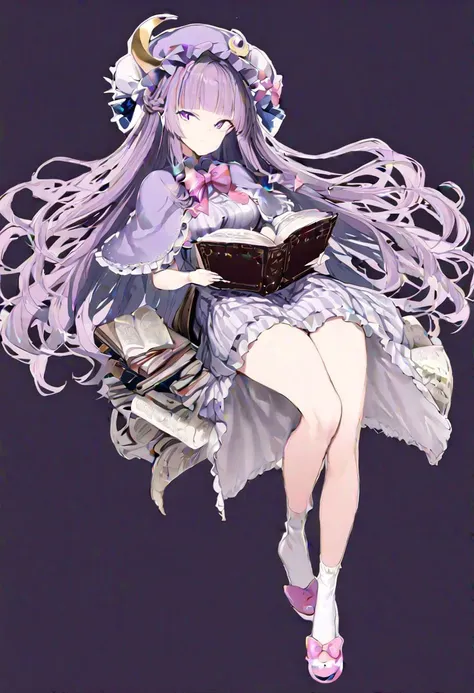 masterpiece, best quality, ultra-detailed, beautiful, nai3, 1girl, solo, full_body, tachi-e, 
((patchouli_knowledge)):2, solo, 1girl, book, ((too_many_books)):16, too_many_lace, lace, purle_eyes, long_hair, ribbon, dress, hair_bow, blunt_bangs, very_long_hair, mob_cap, purple_hair, book, hat_ribbon, capelet, holding_book, socks, crescent, hat_bow, white_socks, open_book, crescent_hat_ornament, hat_ornament, pink_bow, slippers, purple_headwear, pink_bowtie, double_bun, hair_bun, bun_cover,