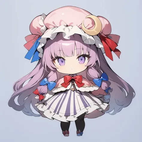 1girl,patchouli knowledge,(chibi:1.1),rating: general,full body,standing,simple background,white background,best quality,masterpiece,<lora:noline-16oa:1>,(ai-generated:0.2),<lora:patchouli_knowledge_image4909_2023-12-20:1>,crescent_hat_ornament,mob_cap,long_sleeves,red_ribbon,vertical-striped_dress,blue_bow,double_bun,red_bow,hat_ribbon,capelet,blue_ribbon,pink_headwear,hair_bow,