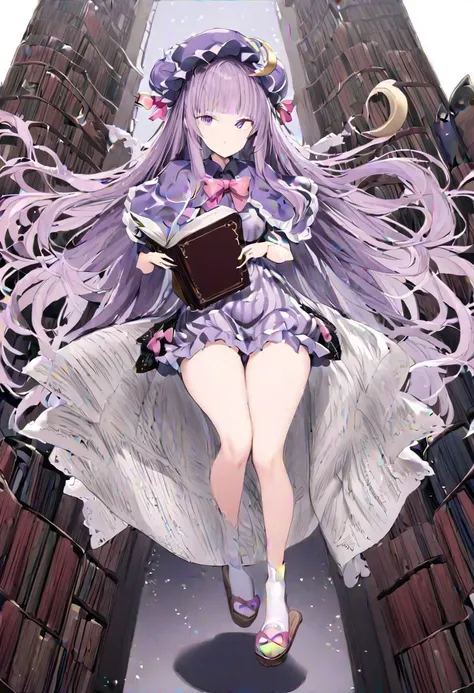 masterpiece, best quality, ultra-detailed, beautiful, nai3, 1girl, solo, full_body, tachi-e, 
((patchouli_knowledge)):2, solo, 1girl, book, ((too_many_books)):16, too_many_lace, lace, purle_eyes, long_hair, ribbon, dress, hair_bow, blunt_bangs, very_long_hair, mob_cap, purple_hair, book, hat_ribbon, capelet, holding_book, socks, crescent, hat_bow, white_socks, open_book, crescent_hat_ornament, hat_ornament, pink_bow, slippers, purple_headwear, pink_bowtie, double_bun, hair_bun, bun_cover,