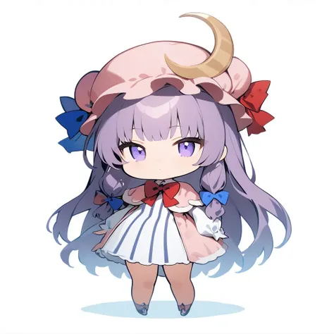 1girl,patchouli knowledge,(chibi:1.1),rating: general,full body,standing,simple background,white background,best quality,masterpiece,<lora:noline-16oa:1>,(ai-generated:0.2),<lora:patchouli_knowledge_image4909_2023-12-20:1>,crescent_hat_ornament,mob_cap,long_sleeves,red_ribbon,vertical-striped_dress,blue_bow,double_bun,red_bow,hat_ribbon,capelet,blue_ribbon,pink_headwear,hair_bow,