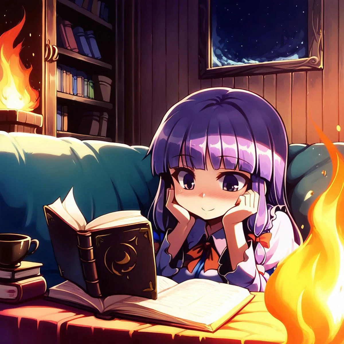 Expressive, score_9, score_8_up, score_9_up, masterpiece, absurdres, best resolution, high quality, highly detailed, indoors, detailed background, very close, solo, perfect face, face focus, 1girl, patchouli knowledge from touhou project, living room, chimney, fire, reading a book, hot cocoa, sitting on the couch,