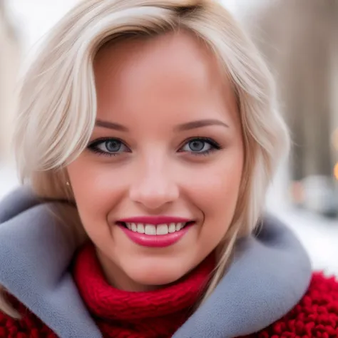 Papparazzi photograph ((face portrait:1.3)) of ZazieSkymm<lora:ZazieSkymm:1>, ((walking down the streets during snowy weather)), ((thick furry red sweater:1.2)), (beautiful lips:1.2), ((nice smile:1.1)), beautiful eyes, blonde hair tied back, perfect white teeth, ((glossy blue eyes:1.2)), eye makeup, beautiful face, real skin, hyper realistic photograph, detailed face, (film grain:1.2), Kodak portra 800, f1.8, golden hour --ar 2:3 --beta --upbeta, sunlight