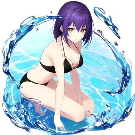 Masterpiece, highest Quality, Highest Resolution, Anime styles, colorful anime style lighting, anime style face, Grand Summoners, solo, full body, simple backgrounds, on knees, bikini, medium breasts, water aura, 1girl, purple hair, yellow eyes,