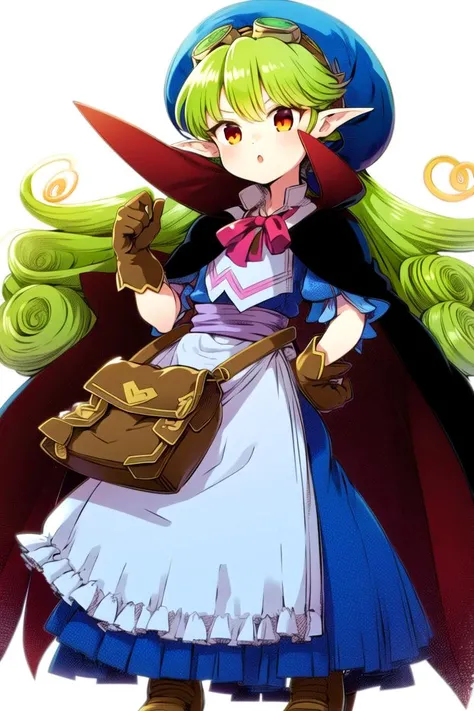 white background, 1girl, standing, solo, full body,
<lora:maribe80:1>, maribe, marivel armitage, brown footwear, cape, apron. bag
<lora:den2chibi:1>