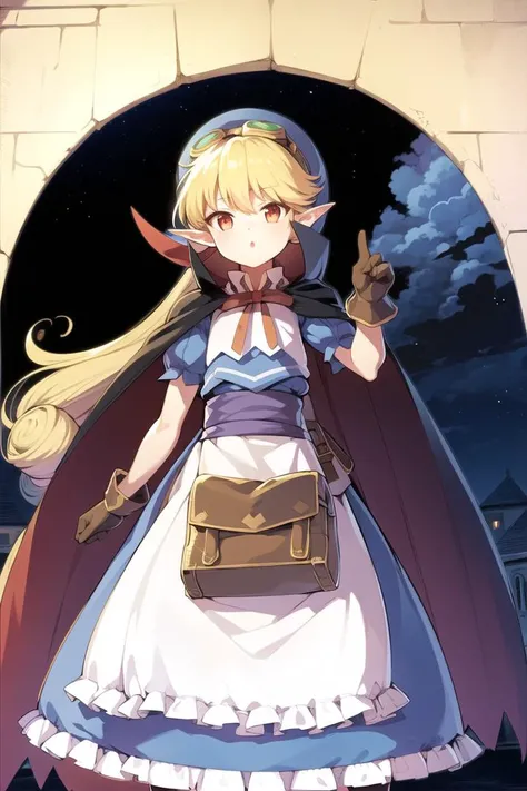 night sky, castle,  1girl, standing, solo, full body, 
<lora:maribe80:1>,  maribe, puffy short sleeves,  cape, bag