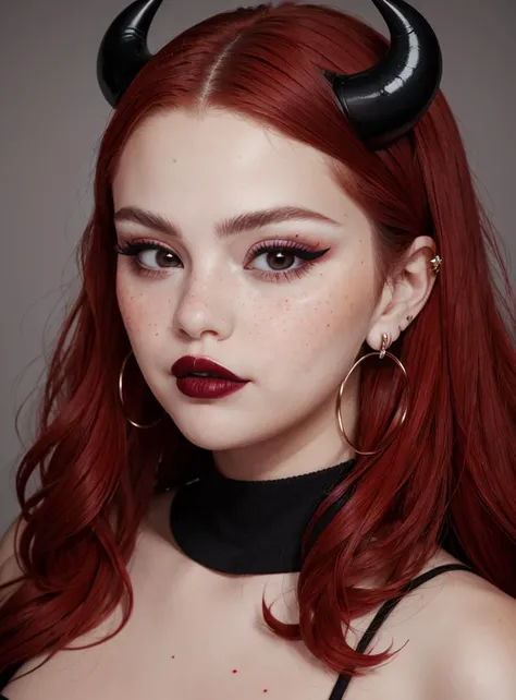 beautiful woman<lora:S3l3n4G0m3z4-RealPersonTraining_4L-byShurik:1.2>,
multiple_eyes, 1girl, red hair, freckles, grey eyes, closed mouth, lipstick, black lips, makeup, horns, demon horns, jewelry, earrings, blood, looking at viewer, portrait, grey background