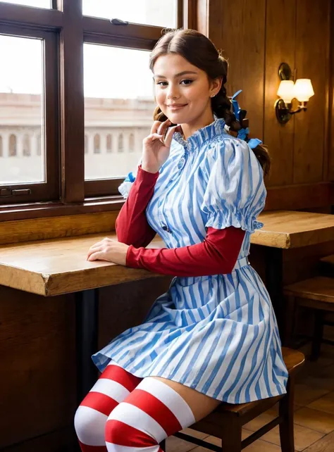 beautiful woman<lora:S3l3n4G0m3z4-RealPersonTraining_4L-byShurik:1.2>,
(masterpiece, best quality:1.2), solo, 1girl, ffwendys, smug, smirk, looking at viewer, hand on own face, twin braids, hair bow, striped dress, striped sleeves, puffy sleeves, striped thighhighs, indoors, restaurant <lora:fastfood_wendys-10:1>