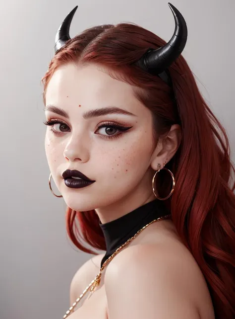 beautiful woman<lora:S3l3n4G0m3z4-RealPersonTraining_4L-byShurik:1.2>,
multiple_eyes, 1girl, red hair, freckles, grey eyes, closed mouth, lipstick, black lips, makeup, horns, demon horns, jewelry, earrings, blood, looking at viewer, portrait, grey background