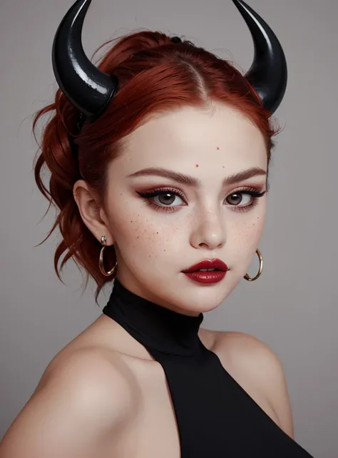 beautiful woman<lora:S3l3n4G0m3z4-RealPersonTraining_4L-byShurik:1.2>,
multiple_eyes, 1girl, red hair, freckles, grey eyes, closed mouth, lipstick, black lips, makeup, horns, demon horns, jewelry, earrings, blood, looking at viewer, portrait, grey background
